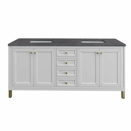 JAMES MARTIN VANITIES Chicago 72in Double Vanity, Glossy White w/ 3 CM Charcoal Soapstone Top 305-V72-GW-3CSP